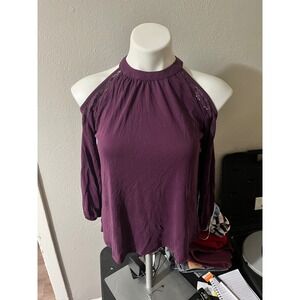 Mudd Womens Small Plum Purple Cold Shoulder‎ Crochet Lace Trim Long Sleeve Top